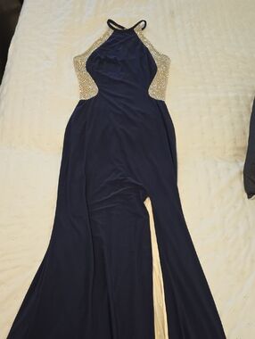 Xscape Navy Halter Evening Jumpsuit with Gold Beaded Sides